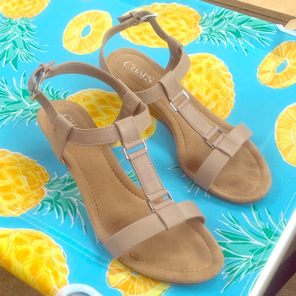 Tan low heel wedge sandals size 7